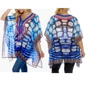 NWT WHITE MARK Gorgeus Blue White Sheer Caftan Kaftan Coverup Lightweight Poncho